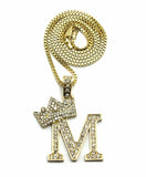Iced Crowned Alphabet M Pendant & 24" Rope / Box / Cuban Chain Hip Hop Necklace
