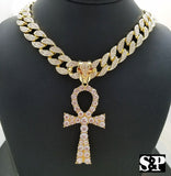 Hip Hop Egyptian Ankh Pendant & 15mm 18" Iced Out Cuban Choker Chain Necklace