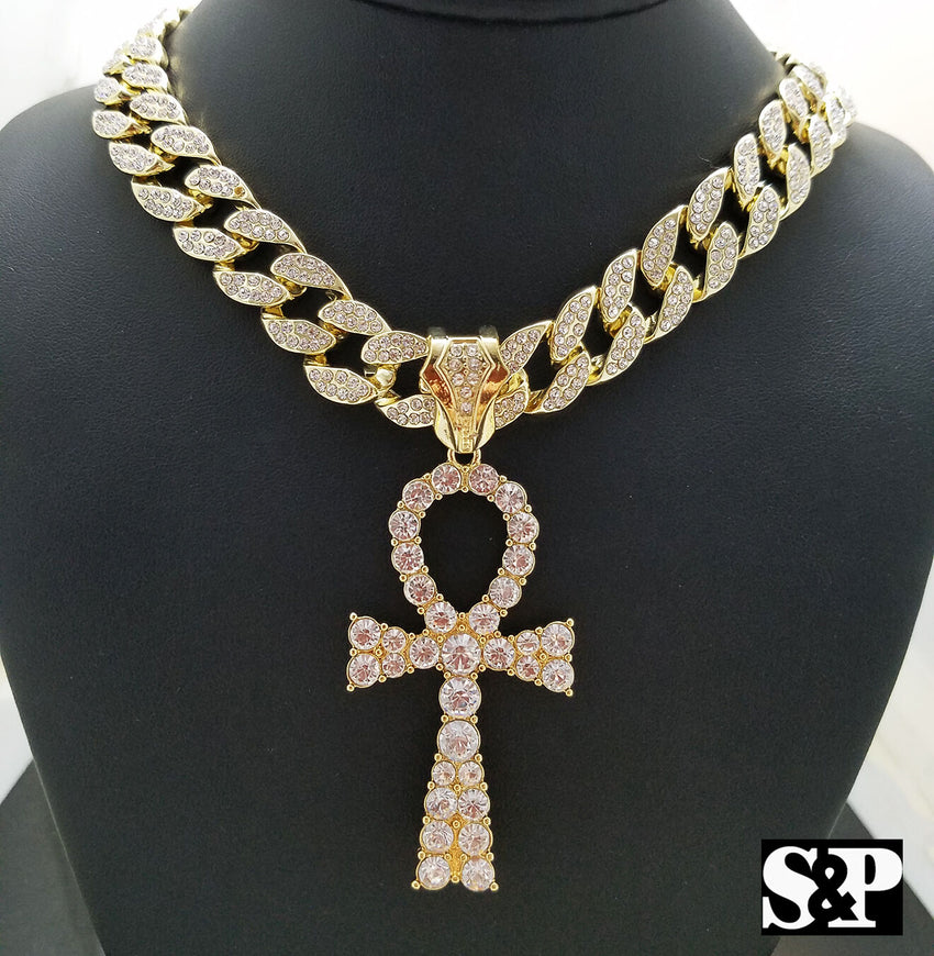 Hip Hop Egyptian Ankh Pendant & 15mm 18" Iced Out Cuban Choker Chain Necklace