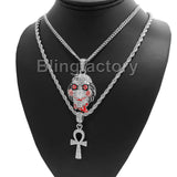 Iced Out Saw Inspired & Ankh Cross Pendant & 20" 24" Rope, Cuban Chain Necklace Set