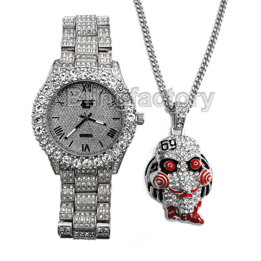 Iced 6ix9ine Saw Inspired Necklace & Hip Hop White Gold plated Metal Watch Set