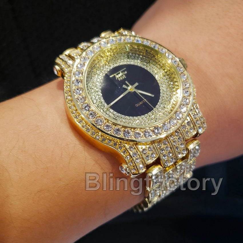 Men Hip Hop Iced out Gold Plated Bling Black Dial Lab Diamond Rapper Metal Watch