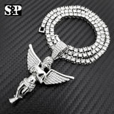 Hip Hop Baby Angel Pendant & 18" Full Iced 1 ROW DIAMOND Tennis Choker Chain Necklace