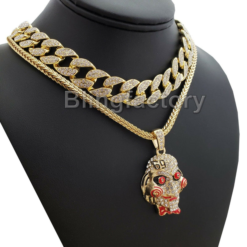 Hip Hop Tekashi69 Saw pendant w/ 18" Franco Chain & Full Iced Cuban Choker Necklace Set