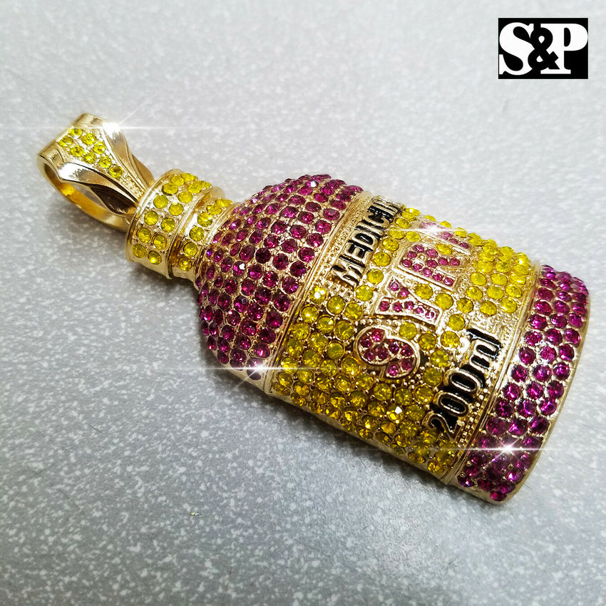 Hip Hop Rapper's Iced Out Lab Diamonds Gold plated Syrup Bottle Pendant