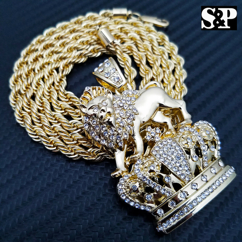 FULL ICED HIP HOP LION KING CROWN PENDANT & 5mm 30" ROPE CHAIN NECKLACE