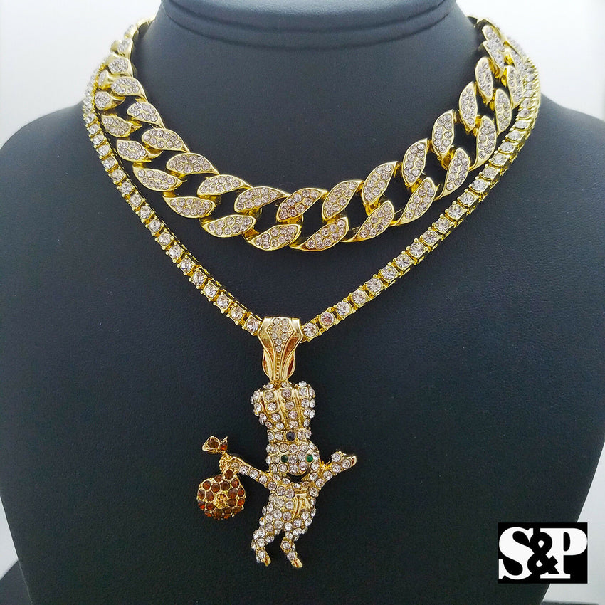 Hip Hop DOUGH BOY Pendant w/ 16" Full Iced Cuban & 1 ROW Tennis Choker Chain Necklace Set