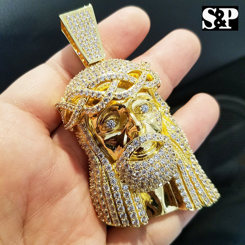 HIP HOP ICED OUT 14K GOLD PLATED BLING BRASS MICRO PAVE LARGE JESUS HEAD PENDANT