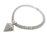 Hip Hop Diamond Shape Pendant & 18" Iced Box Lock Miami Cuban Chain Necklace