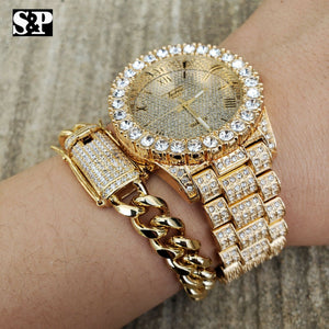 MEN'S HIP HOP ICED OUT LAB DIAMOND WATCH & CUBAN LINK CHAIN BRACELET COMBO SET