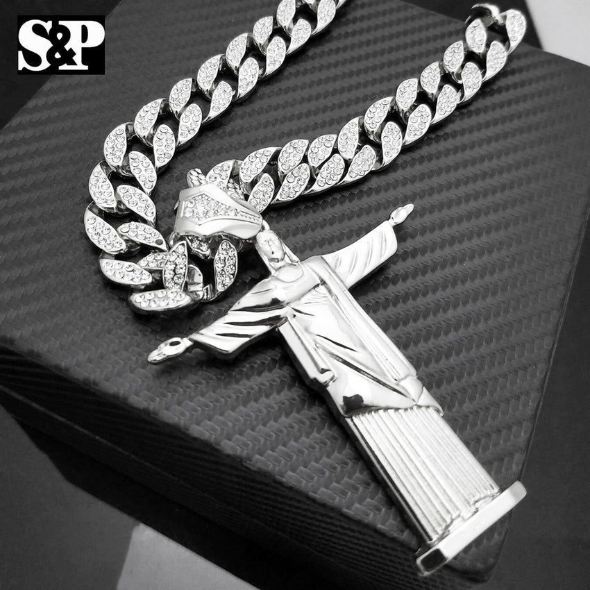 Jesus Body Pendant & 18" Full Iced Cuban Choker Chain Hip Hop Necklace Combo Set