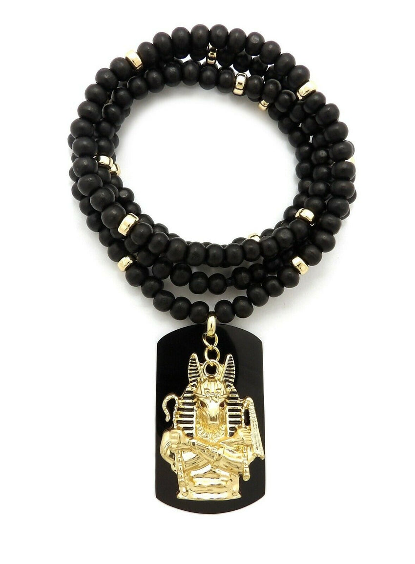 Hip Hop Iced Egyptian Anubis & Dog Tag Pendant w/ 6mm 30" Wooden Bead Necklace