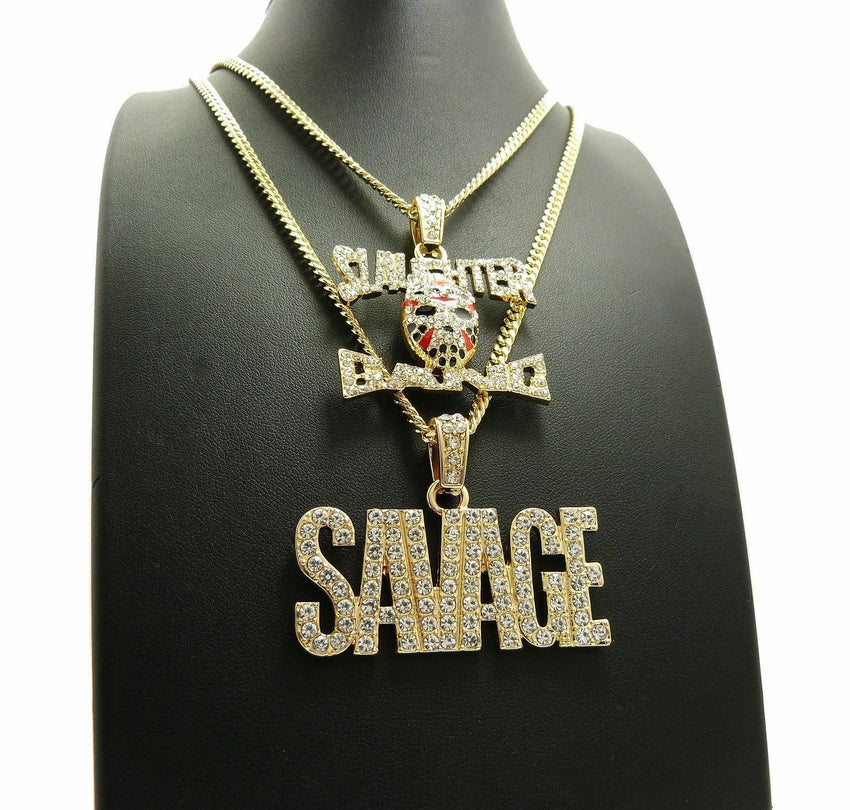 Hip Hop Pave SAVAGE 21 SLAUGHTER Pendant W/ 20" 24" Cuban Chain 2 Necklace Set