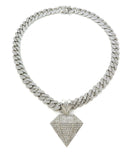Hip Hop Diamond Shape Pendant & 18" Iced Box Lock Miami Cuban Chain Necklace