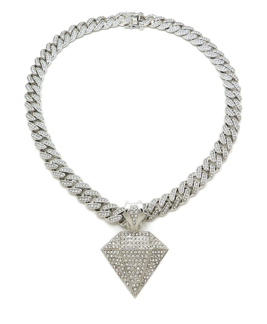 Hip Hop Diamond Shape Pendant & 18" Iced Box Lock Miami Cuban Chain Necklace