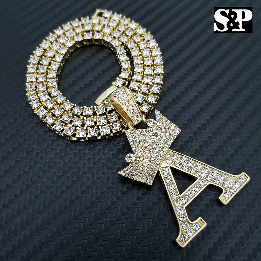 Hip Hop Initial A Pendant & 18" Full Iced 1 ROW DIAMOND Tennis Choker Chain Necklace