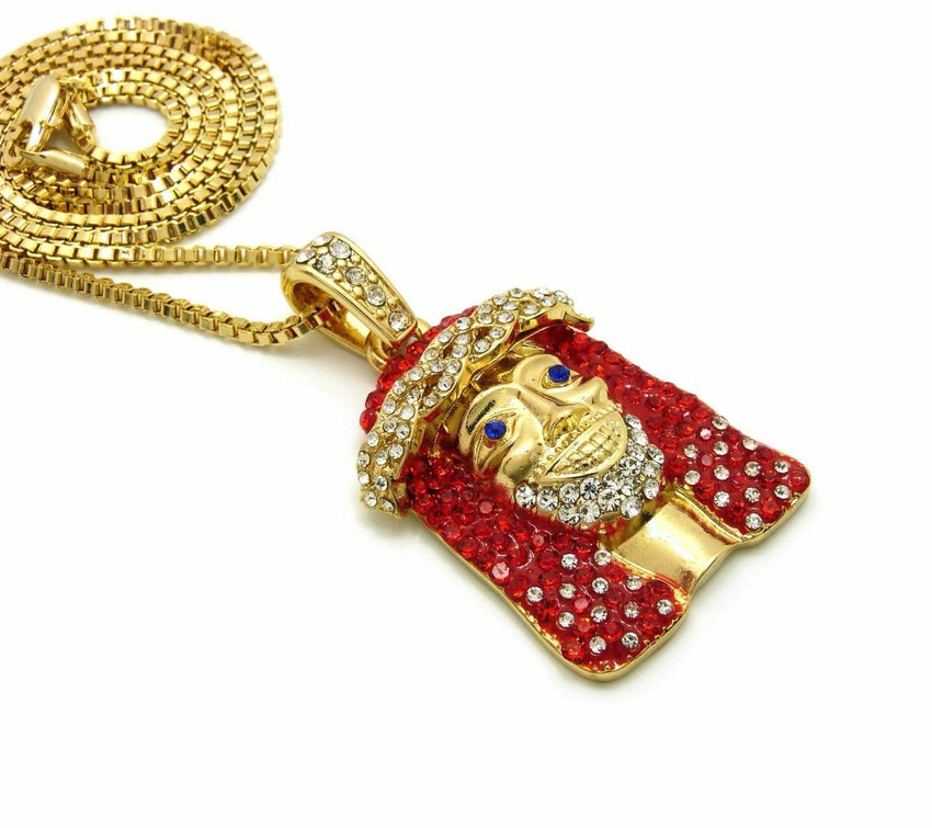 ICED OUT Lil Yachty RED JESUS FACE SMALL PENDANT & 24" CHAIN HIP HOP NECKLACE