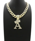 Hip Hop Crowned Alphabet Initial Pendant & 11mm 20" Cuban Choker Chain Necklace