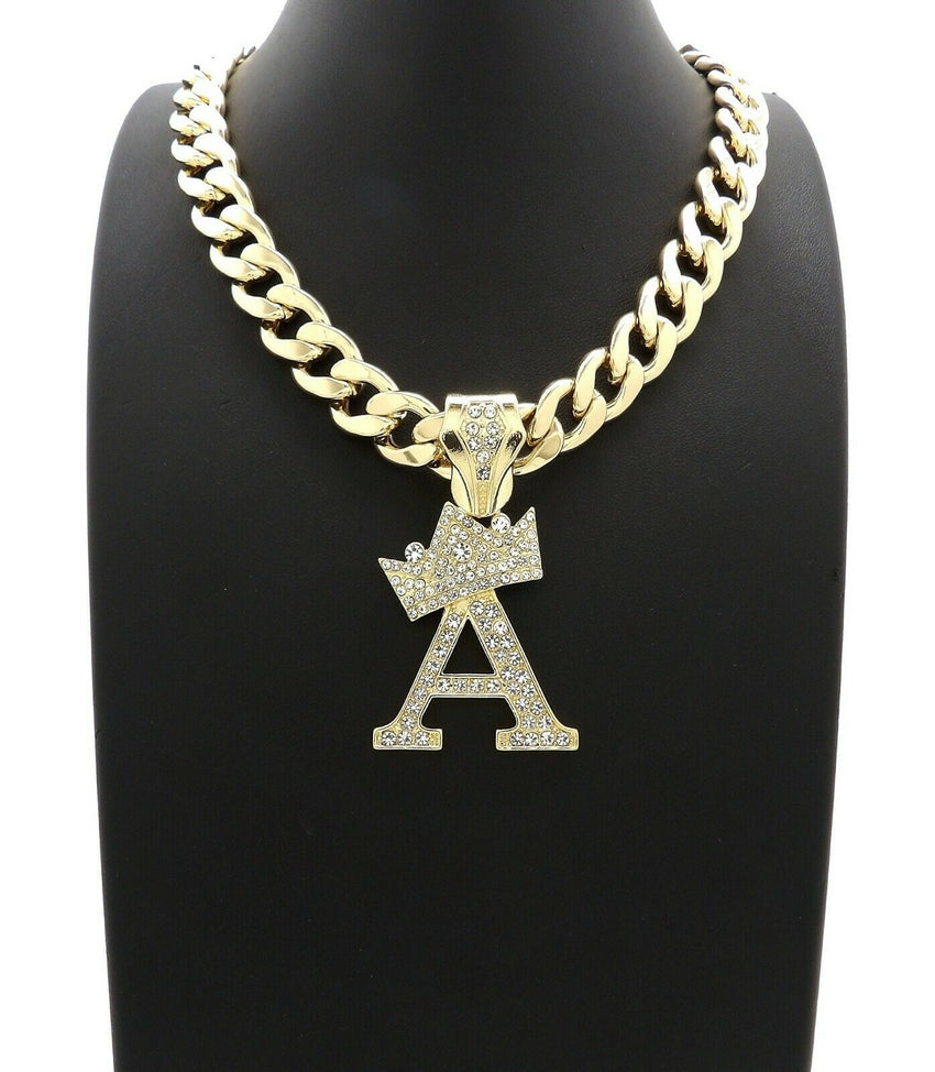 Hip Hop Crowned Alphabet Initial Pendant & 11mm 20" Cuban Choker Chain Necklace