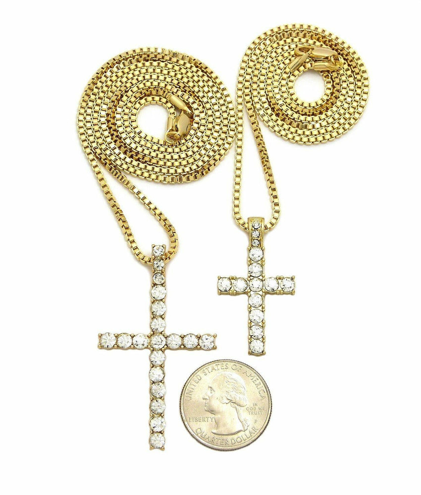 ICED OUT CROSS DOUBLE PENDANT & 2mm 24" & 30" BOX CHAIN 2 NECKLACE SET