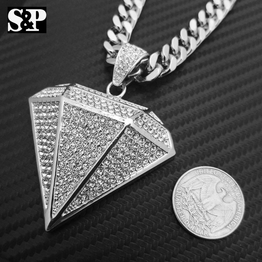 White Gold PT Big Diamond Shape Pendant & 10mm 30" Cuban Chain Hip Hop Necklace