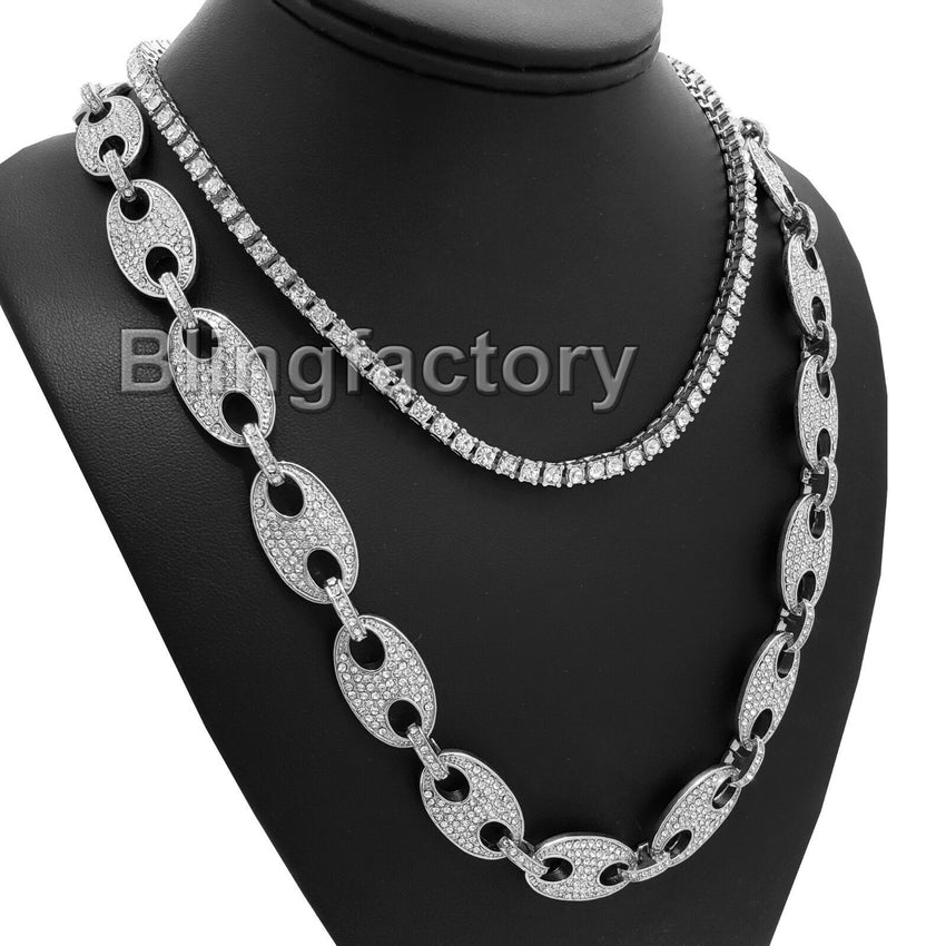 Hip Hop Iced out 30" Gucci Link Chain & 18" 1 Row Tennis Choker Chain Necklace Set