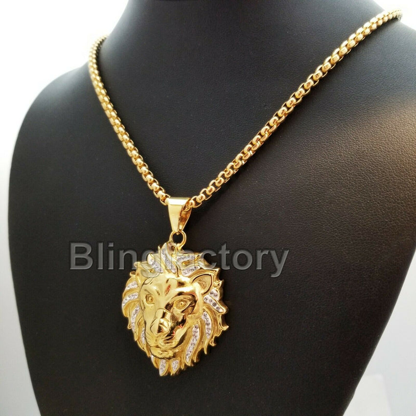 Stainless Steel Gold PT Lion Head Pendant & 3mm 24" Round Box Chain Necklace