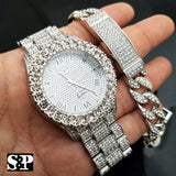 MEN'S ICED OUT HIP HOP WHITE GOLD PT LAB DIAMOND WATCH & BRACELET COMBO SET