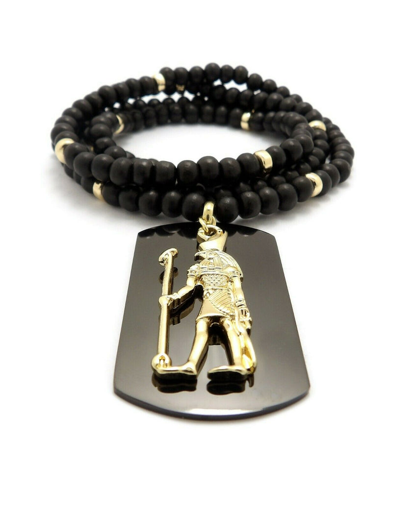 Hip Hop Iced out Egyptian Heru & Dog Tag Pendant w/ 6mm 30" Wooden Bead Necklace