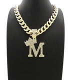 Hip Hop Crowned Alphabet Initial Pendant & 11mm 20" Cuban Choker Chain Necklace