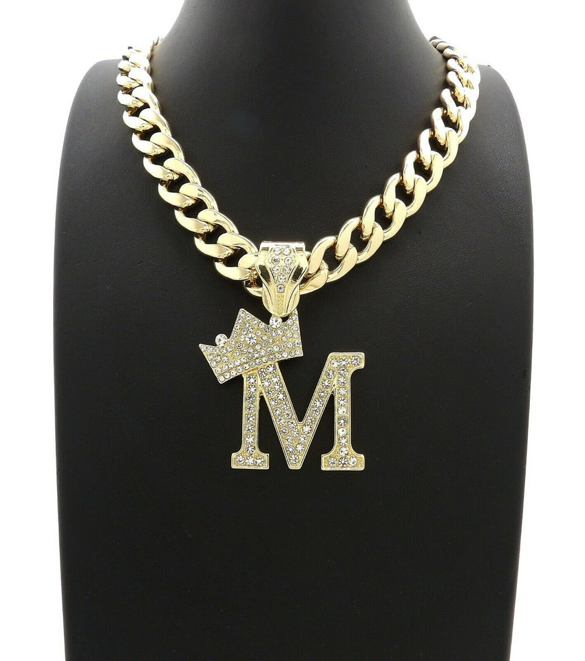 Hip Hop Crowned Alphabet Initial Pendant & 11mm 20" Cuban Choker Chain Necklace