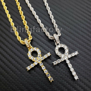 Hip Hop Iced out Lab Diamond Ankh Cross Pendant & 4mm 24