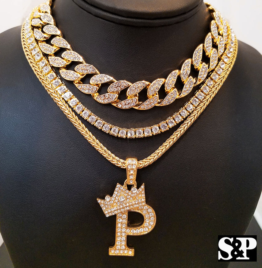 Hip Hop Quavo Choker 16" Full Iced Cuban & 1 ROW DIAMOND CHAIN & "P" Necklace