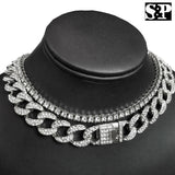 Hip Hop Lil Uzi Vert Iced out Miami Cuban & 1 Row Tennis Chain Choker Necklace Set