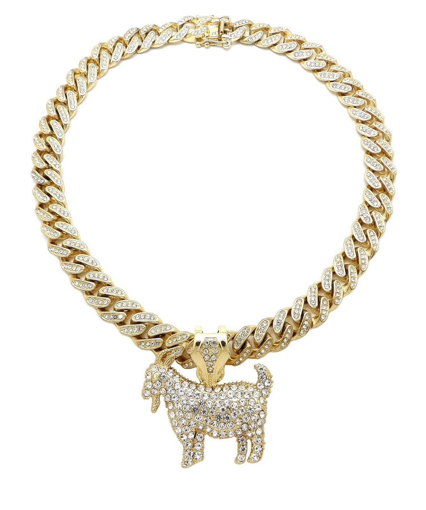 Hip Hop GOAT Pendant & 12mm 18" Iced out Box Lock Cuban Choker Chain Necklace