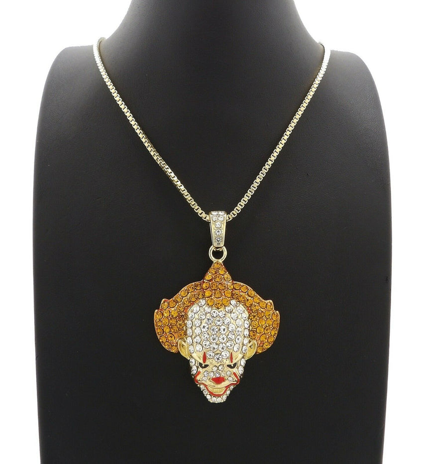 Iced Out Bling Crazy Clown Pendant & 24" Box, Rope, Cuban Chain Hip Hop Necklace