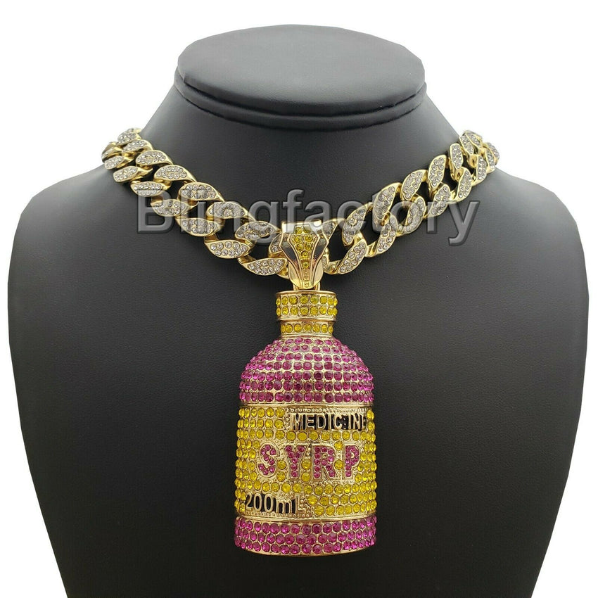 Hip Hop Lab Diamond Syrup Bottle Pendant & 18" Full Iced Cuban Choker Chain Necklace
