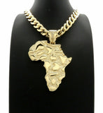 Hip Hop Golden Nugget Africa Map Pendant & 11mm 20" Cuban Choker Chain Necklace