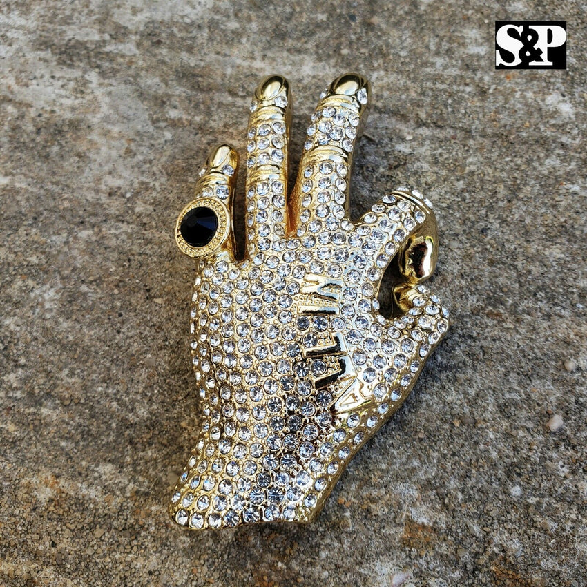 HIP HOP ICED OUT LAB DIAMOND GOLD PLATED PIMP HAND OK ALL IN PENDANT