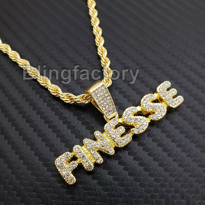 Hip Hop Iced out Lab Diamond FINESSE Pendant, 4mm 24" Rope Chain Necklace
