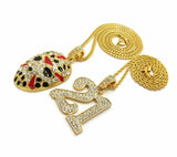 ICED OUT SAVAGE 21 & SLAUGHTER GANG MASK PENDANT & CHAINS 2 NECKLACE COMBO SET