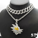 Hip Hop SON GOKU pendant w/ 18" Full Iced Cuban & 1 ROW DIAMOND Choker Chain Set