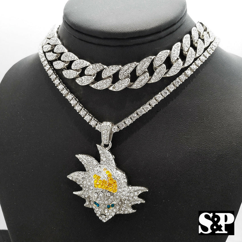Hip Hop SON GOKU pendant w/ 18" Full Iced Cuban & 1 ROW DIAMOND Choker Chain Set