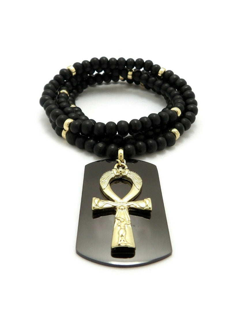 Hip Hop Egyptian Ankh Cross & Dog Tag Pendant & 6mm 30" Wooden Bead Necklace