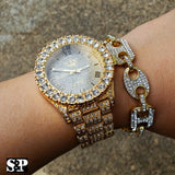 MEN HIP HOP ICED OUT LAB DIAMOND WATCH & RING & GUCCI CHAIN BRACELET COMBO SET