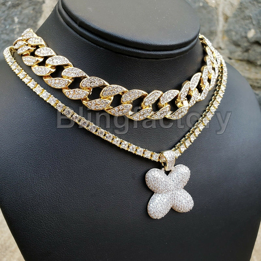 Hip Hop Bubble Letter "X" & 18" Full Iced Cuban & 1 Row Tennis Choker Chain Necklace Set