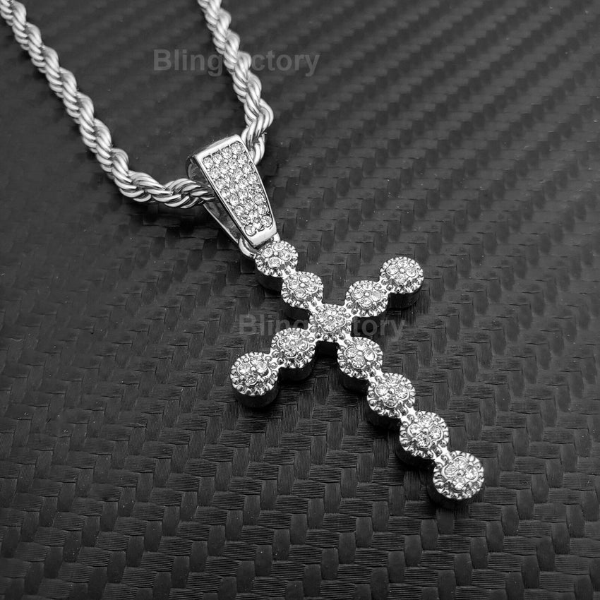 Hip Hop Iced out Bubble style Cross Pendant & 4mm 24" Rope Chain Necklace