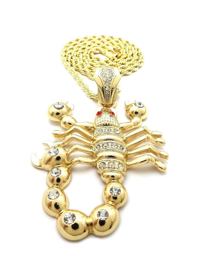 HIP HOP ICED OUT 14K GOLD PLATED SCORPION PENDANT & 4mm 24" ROPE CHAIN NECKLACE