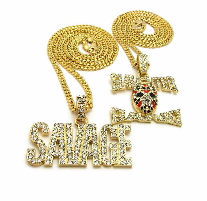 Hip Hop Pave SAVAGE 21 SLAUGHTER Pendant W/ 20" 24" Cuban Chain 2 Necklace Set