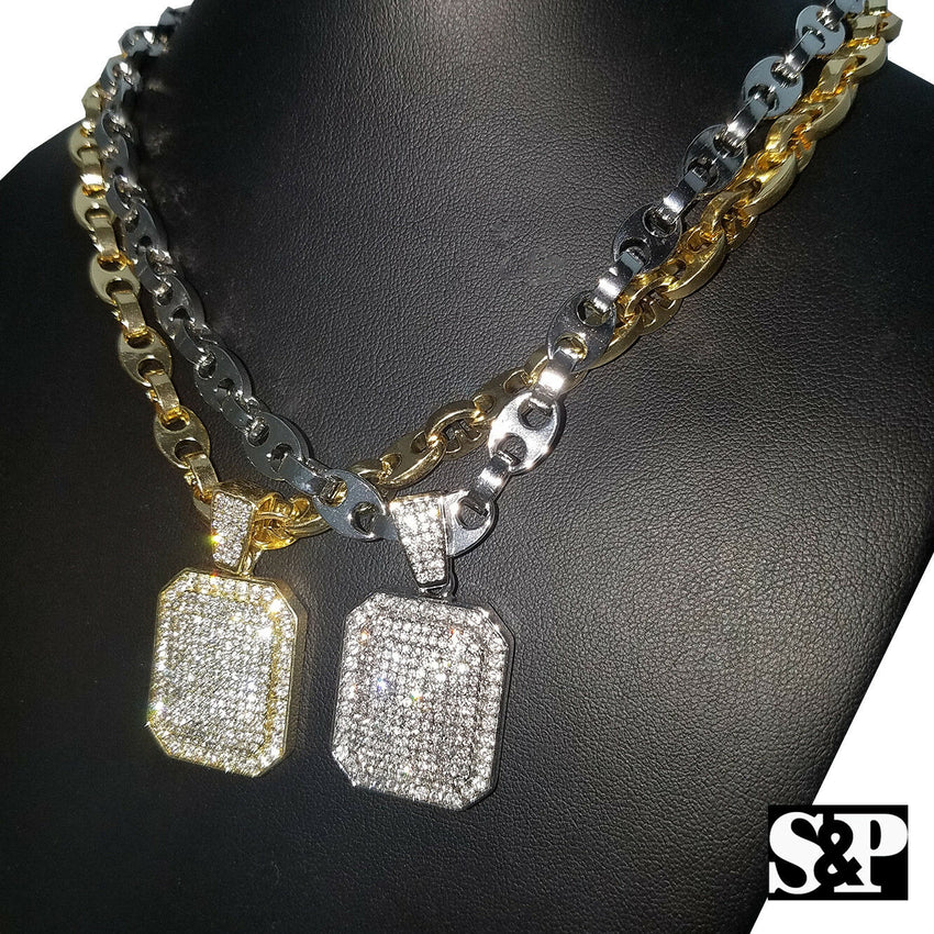 Hip Hop Iced out Bling Lab Diamond Square Pendant & 8mm 24" Gucci Chain Necklace